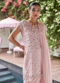 Farah Talib Aziz | Designer Picks 24 | KARINA BLUSH SCHIFFLI RAW SILK SHIRT WITH PRE-DRAPED DUPATTA - House Of Hania