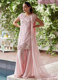 Farah Talib Aziz | Designer Picks 24 | KARINA BLUSH SCHIFFLI RAW SILK SHIRT WITH PRE-DRAPED DUPATTA - House Of Hania
