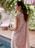 Farah Talib Aziz | Designer Picks 24 | KARINA BLUSH SCHIFFLI RAW SILK SHIRT WITH PRE-DRAPED DUPATTA - House Of Hania