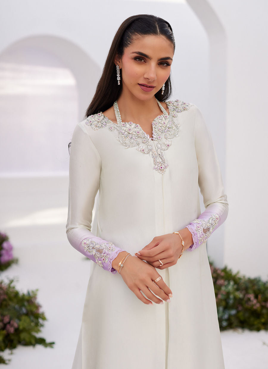 Farah Talib Aziz | Designer Picks 24 | LIQUE SILVER OMBRE EMBELLISHED KAFTAAN CUT SHIRT - House Of Hania