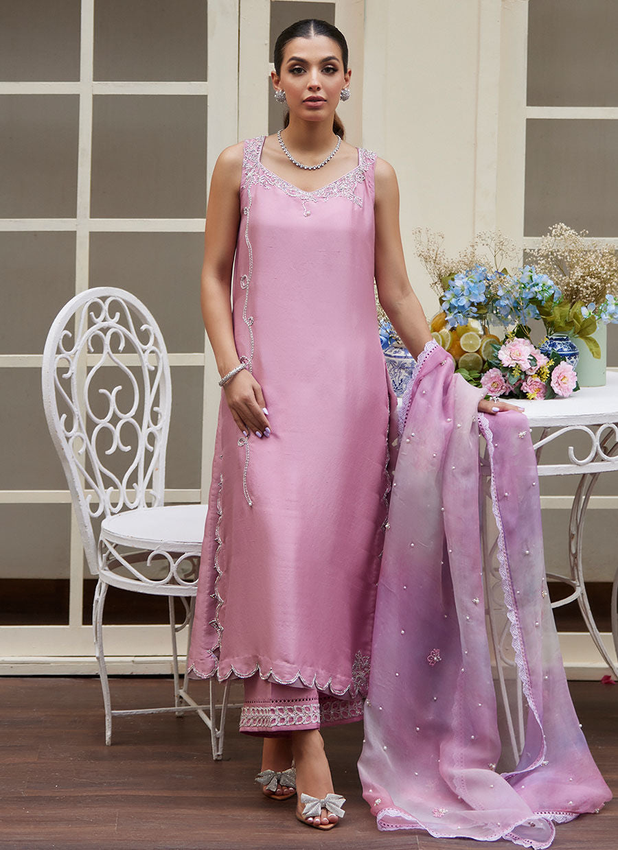 Farah Talib Aziz | Designer Picks 24 | NINEL LILAC EMBELLISHED RAW SILK SHIRT WITH PRINTED ORGANZA DUPATTA - House Of Hania