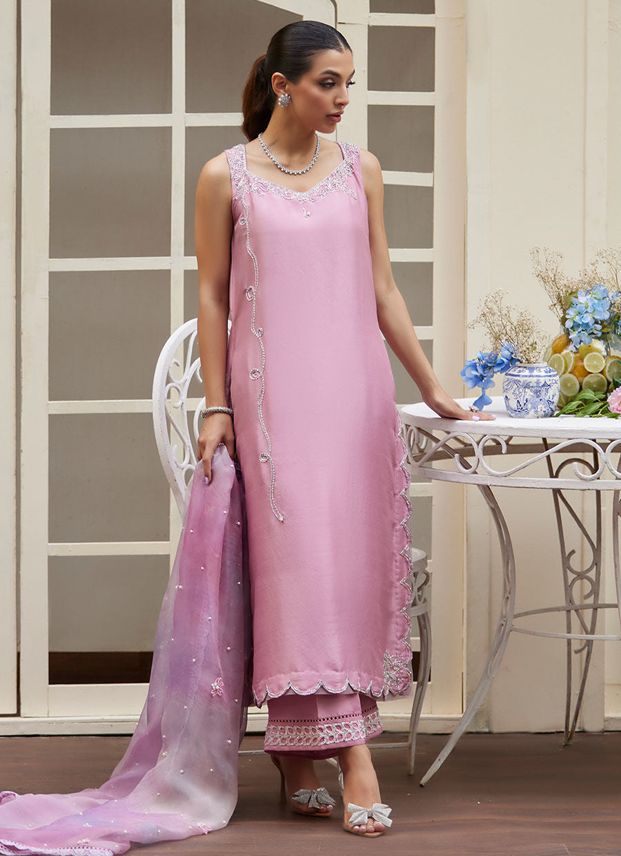 Farah Talib Aziz | Designer Picks 24 | NINEL LILAC EMBELLISHED RAW SILK SHIRT WITH PRINTED ORGANZA DUPATTA - House Of Hania