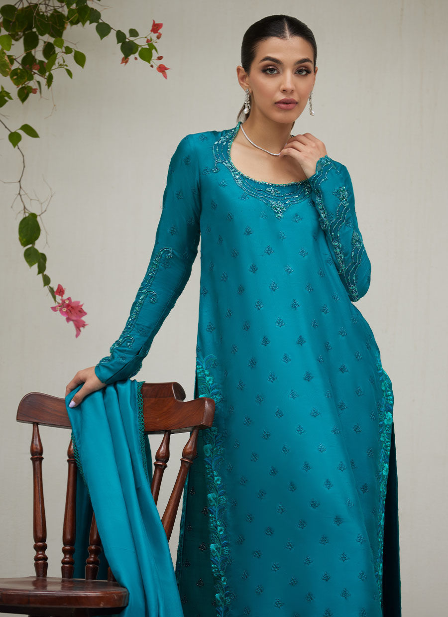 Farah Talib Aziz | Designer Picks 24 | PERSIAN GREEN EMBROIDERED AND EMBELLISHED RAW SILK SHIRT WITH DUPATTA - House Of Hania