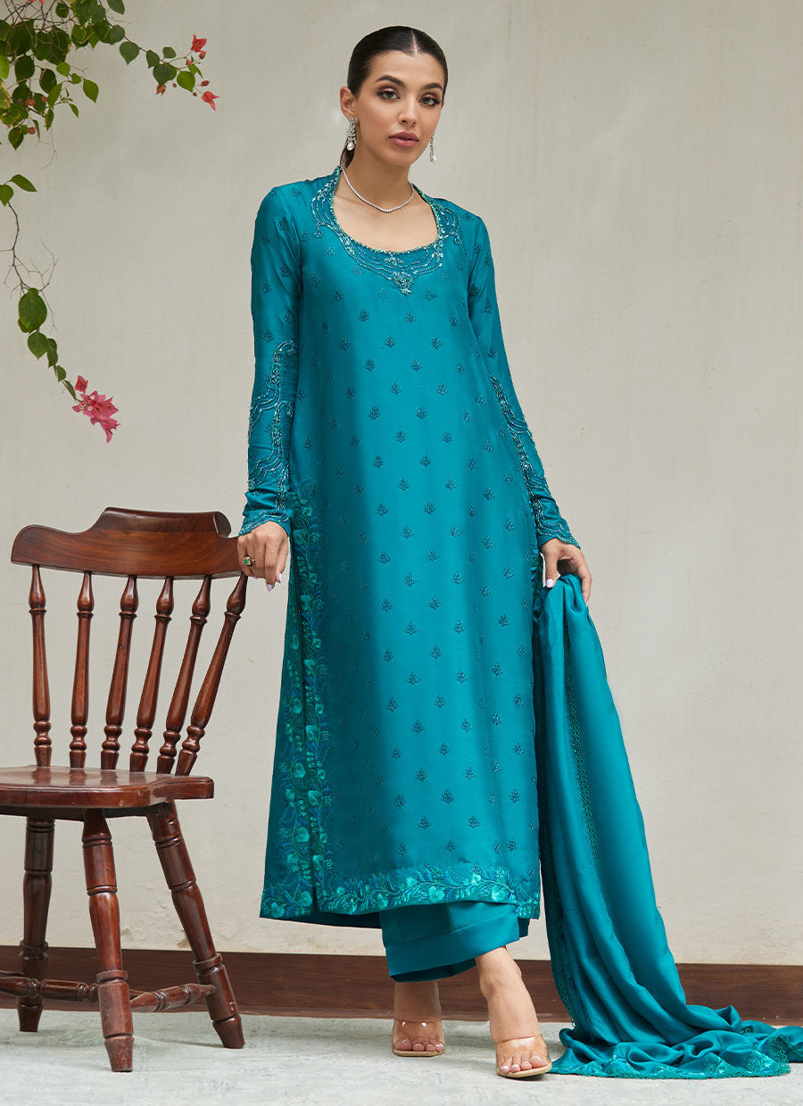 Farah Talib Aziz | Designer Picks 24 | PERSIAN GREEN EMBROIDERED AND EMBELLISHED RAW SILK SHIRT WITH DUPATTA - House Of Hania