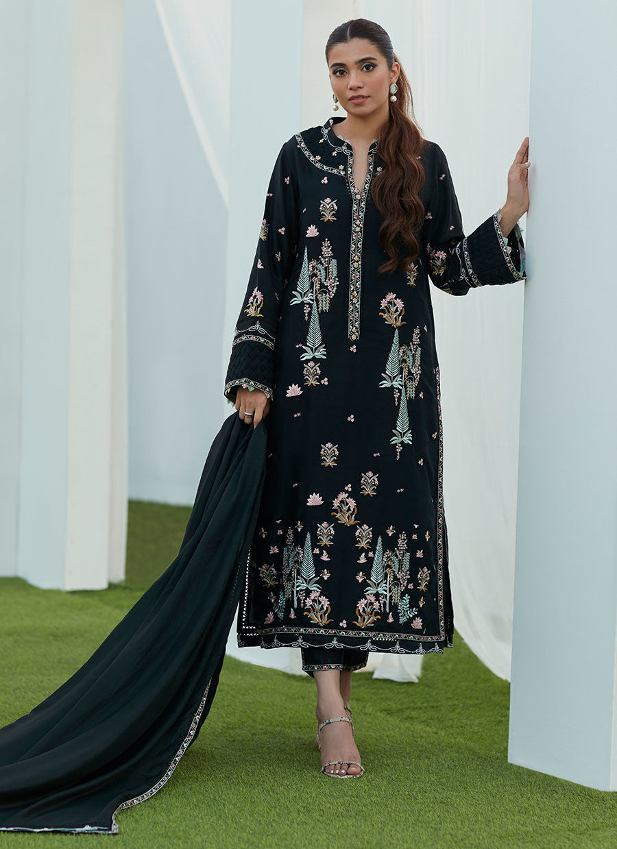 Farah Talib Aziz | Designer Picks 24 | PETRA BLACK EMBROIDERED SHIRT AND DUPATTA - House Of Hania