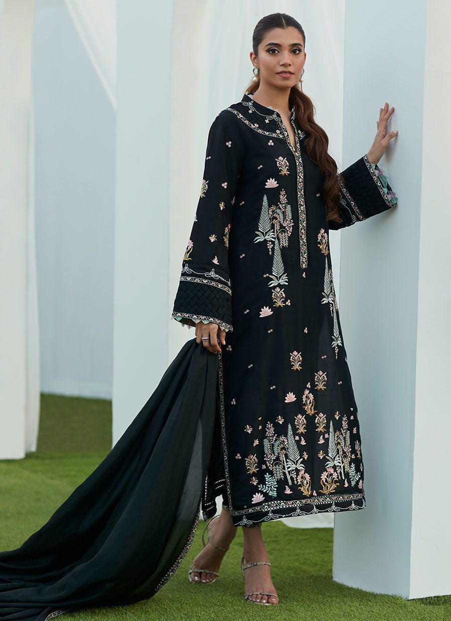 Farah Talib Aziz | Designer Picks 24 | PETRA BLACK EMBROIDERED SHIRT AND DUPATTA - House Of Hania