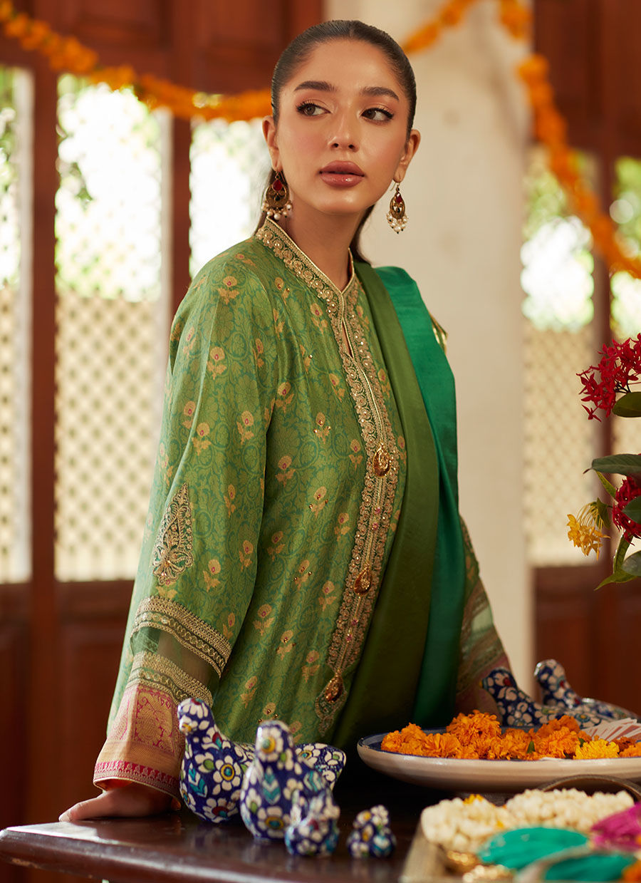 Farah Talib Aziz | Designer Picks 24 | RINA GREEN SHIRT AND DUPATTA - House Of Hania