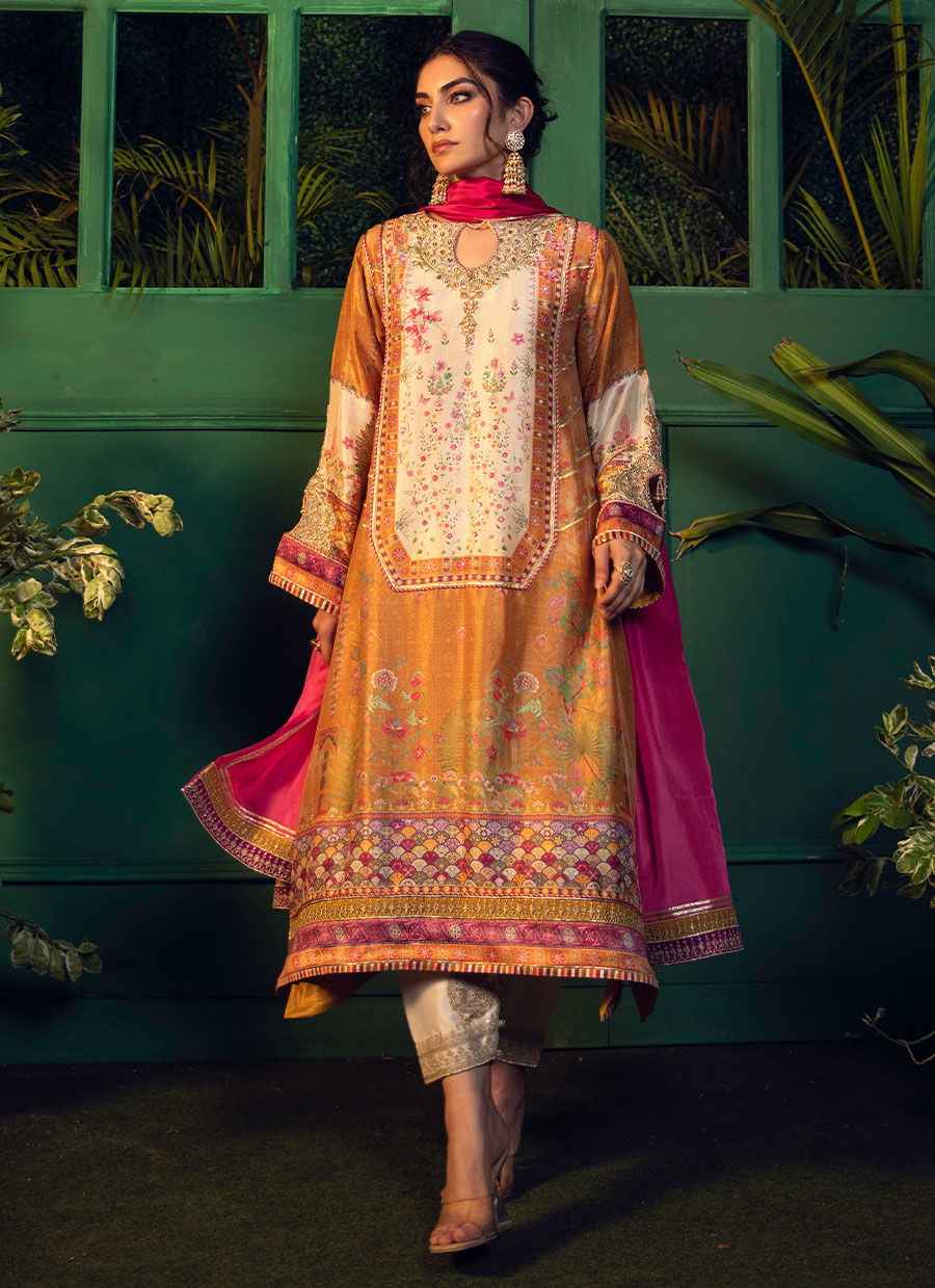 Farah Talib Aziz | Designer Picks 24 | ROSHAN PRINTED RAW SILK KURTA WITH SILK OMBRE DUPATTA - House Of Hania