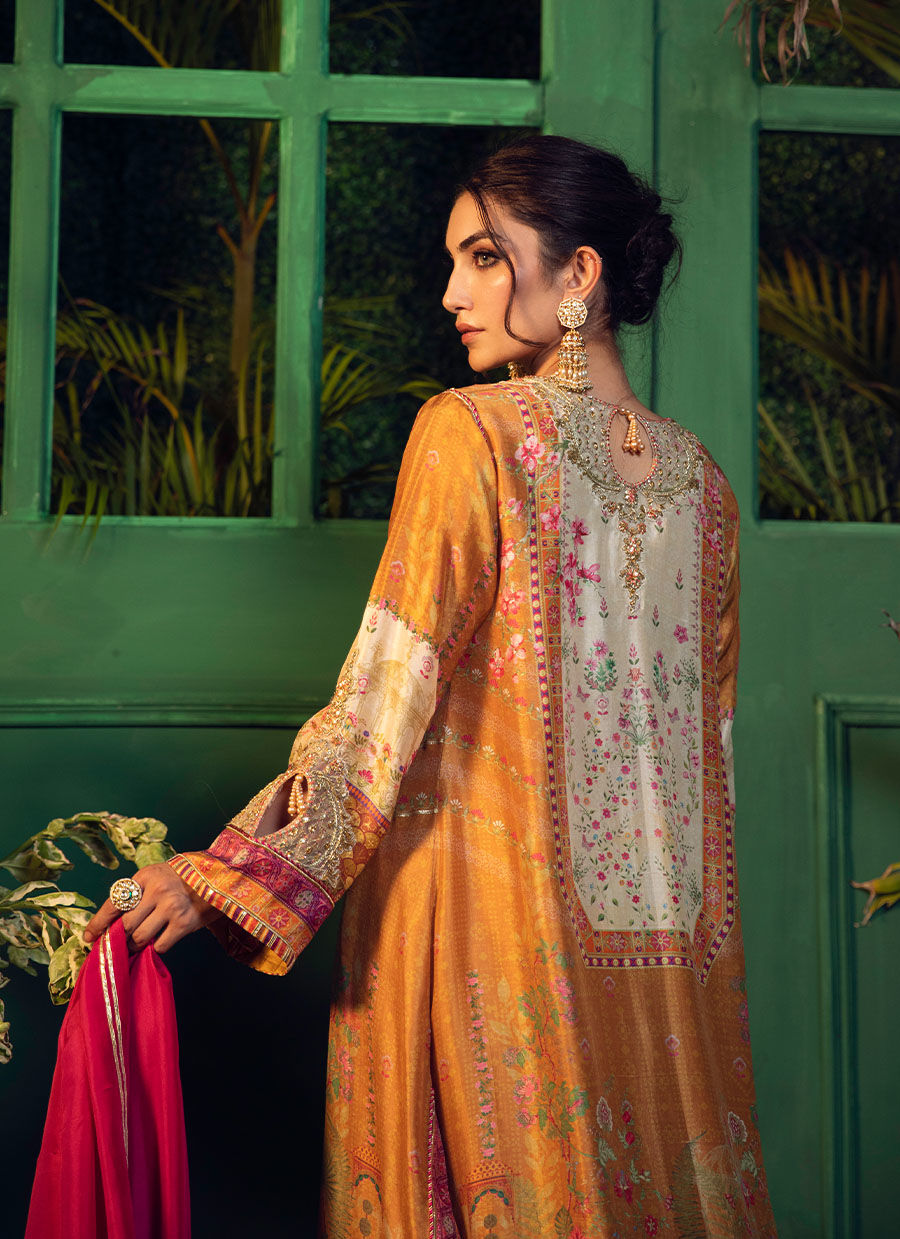 Farah Talib Aziz | Designer Picks 24 | ROSHAN PRINTED RAW SILK KURTA WITH SILK OMBRE DUPATTA - House Of Hania