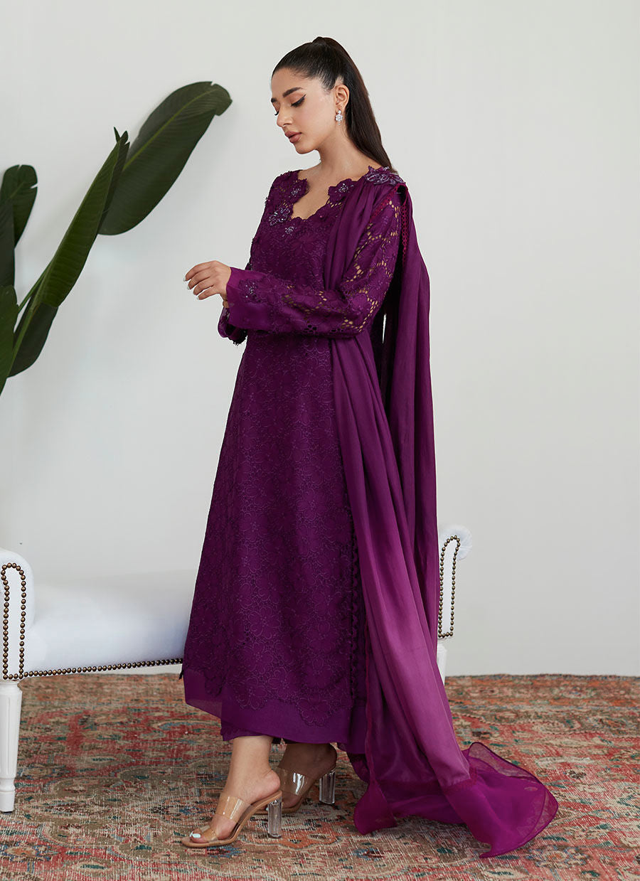 Farah Talib Aziz | Designer Picks 24 | SANGRIA SILK CUTWORK SHIRT WITH PRE DRAPED DUPATTA - House Of Hania