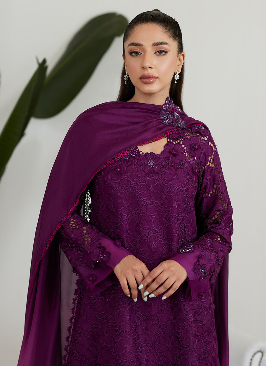 Farah Talib Aziz | Designer Picks 24 | SANGRIA SILK CUTWORK SHIRT WITH PRE DRAPED DUPATTA - House Of Hania