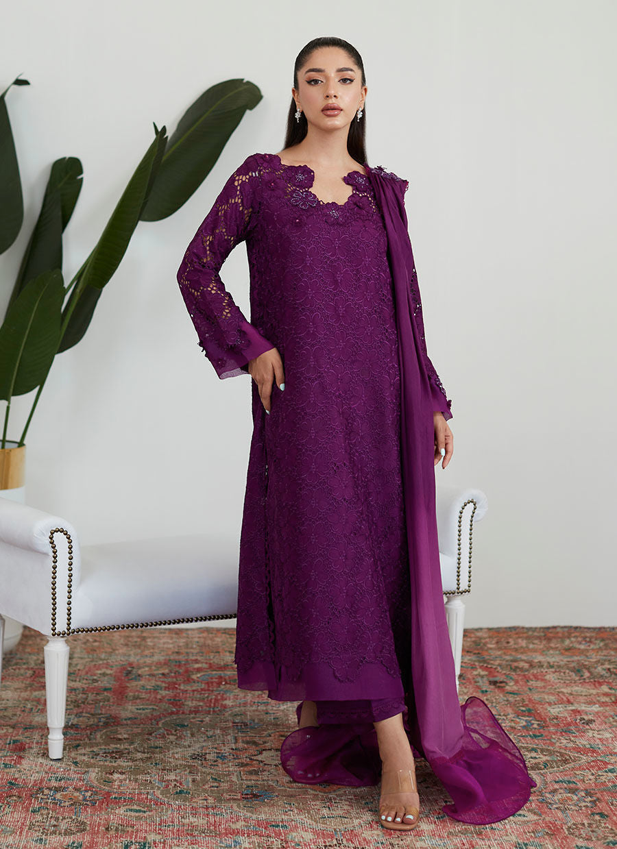 Farah Talib Aziz | Designer Picks 24 | SANGRIA SILK CUTWORK SHIRT WITH PRE DRAPED DUPATTA - House Of Hania