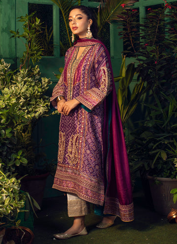 Farah Talib Aziz | Designer Picks 24 | SETAREH PURPLE CHUNRI KURTA WITH PURE SILK OMBRE DUPATTA - House Of Hania