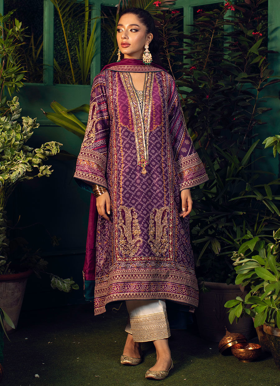 Farah Talib Aziz | Designer Picks 24 | SETAREH PURPLE CHUNRI KURTA WITH PURE SILK OMBRE DUPATTA - House Of Hania