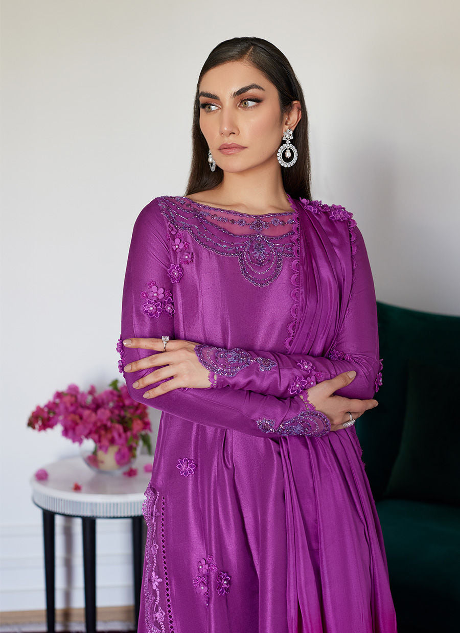 Farah Talib Aziz | Designer Picks 24 | TIERRA MUTED MAGENTA EMBROIDERED RAW SILK KALIDAR WITH DUPATTA - House Of Hania