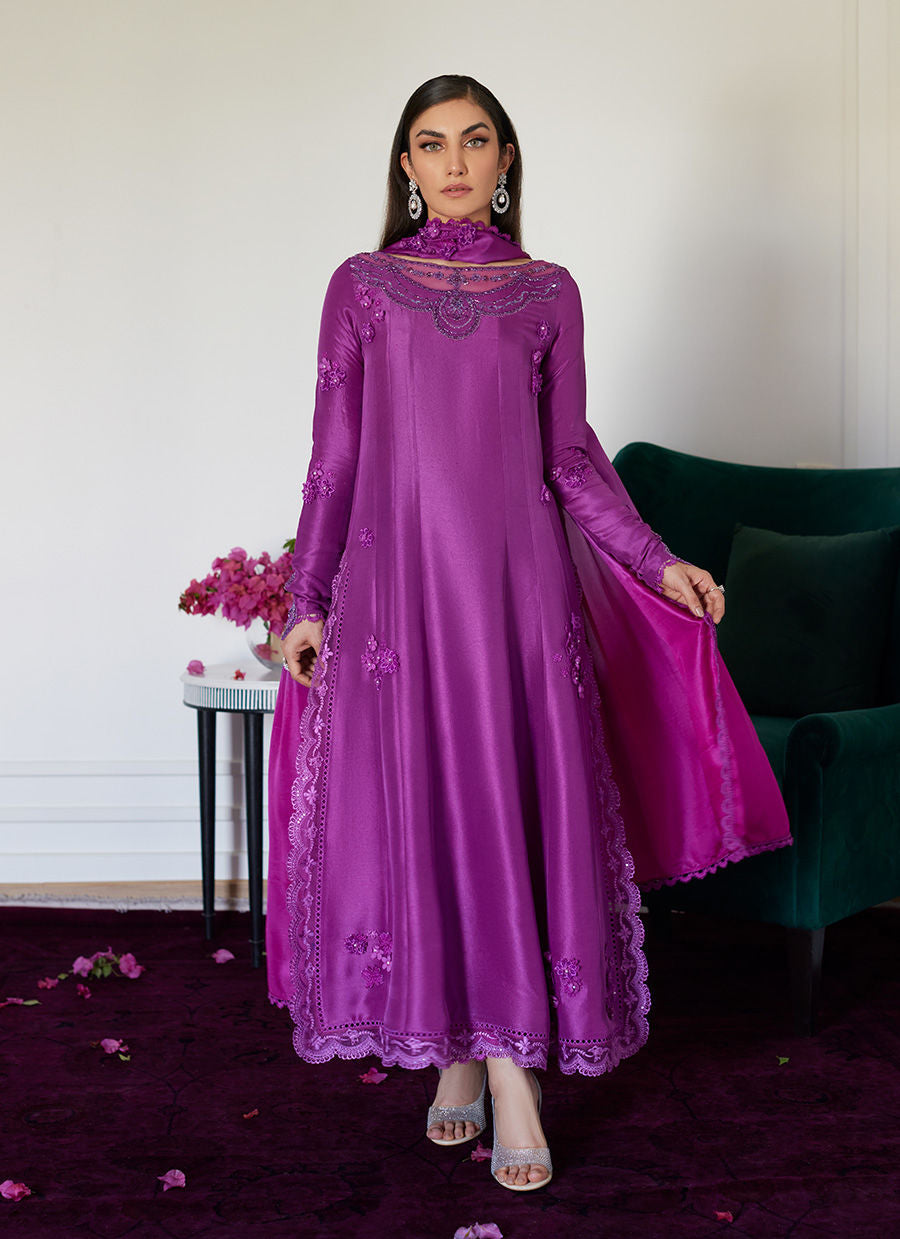Farah Talib Aziz | Designer Picks 24 | TIERRA MUTED MAGENTA EMBROIDERED RAW SILK KALIDAR WITH DUPATTA - House Of Hania