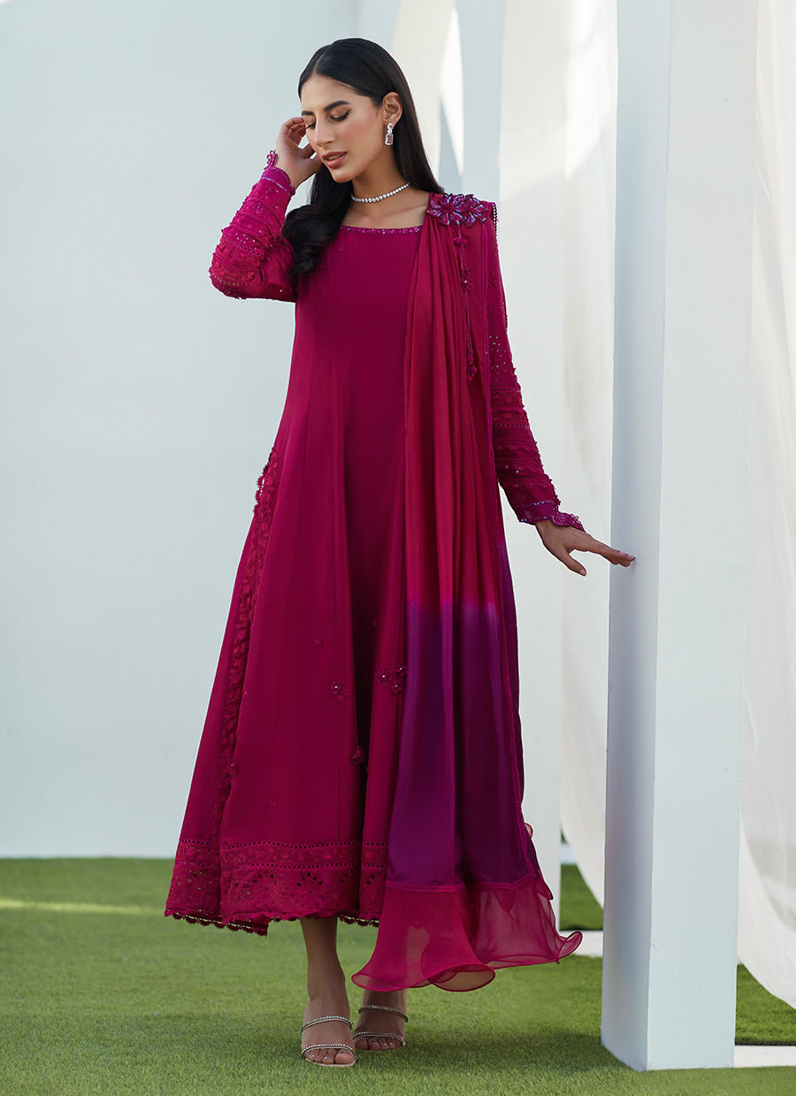 Farah Talib Aziz | Designer Picks 24 | VIV MAGENTA KALIDAAR WITH DRAPED DUPATTA - House Of Hania