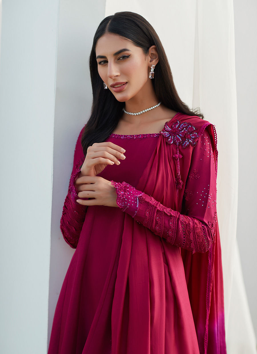 Farah Talib Aziz | Designer Picks 24 | VIV MAGENTA KALIDAAR WITH DRAPED DUPATTA - House Of Hania