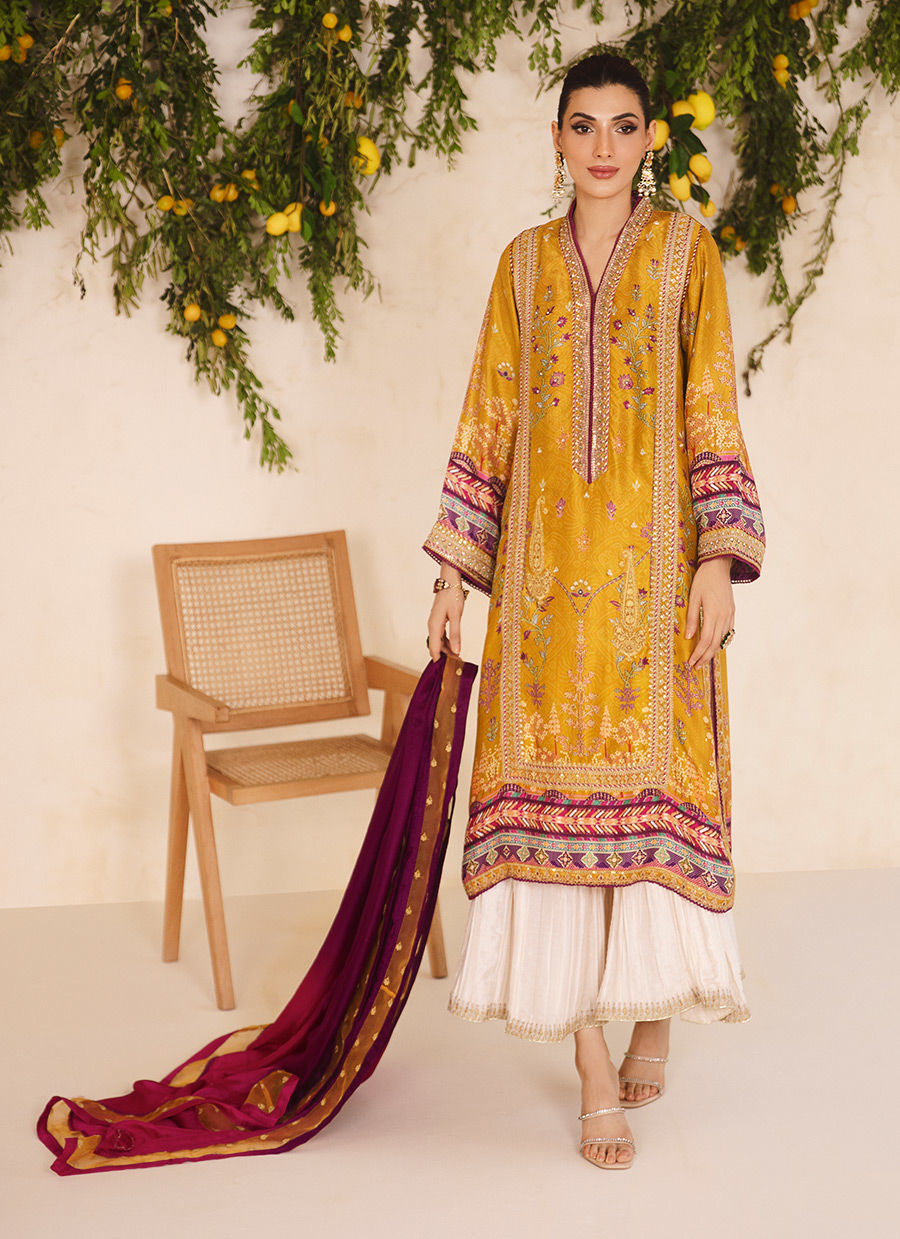 Farah Talib Aziz | Designer Picks 24 | ZARF OCHRE SHIRT AND DUPATTA - House Of Hania