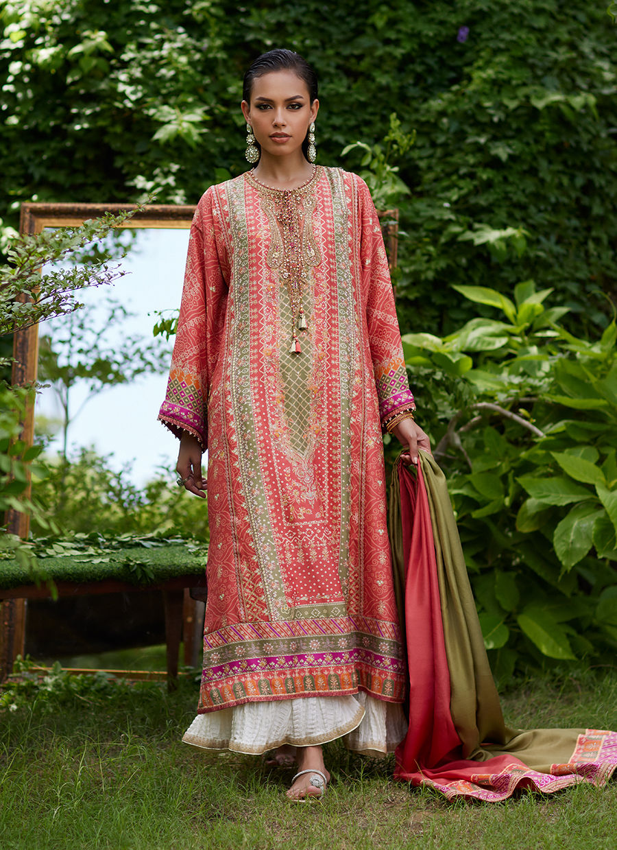 Farah Talib Aziz | Mayna Festive Prints 24 | Bazif Burnt Orange Shirt And Dupatta - House Of Hania