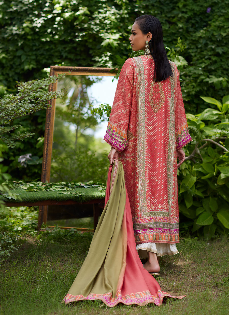 Farah Talib Aziz | Mayna Festive Prints 24 | Bazif Burnt Orange Shirt And Dupatta - House Of Hania