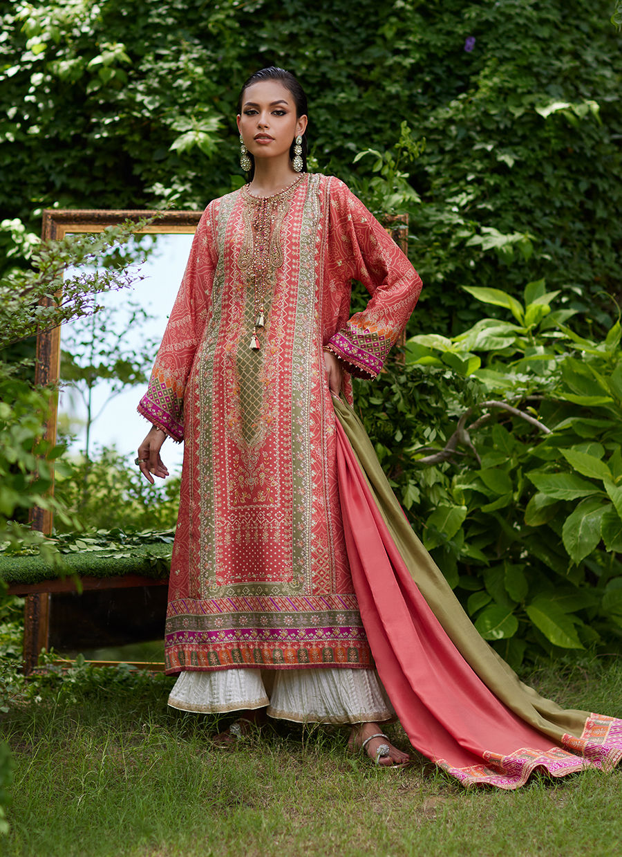 Farah Talib Aziz | Mayna Festive Prints 24 | Bazif Burnt Orange Shirt And Dupatta - House Of Hania