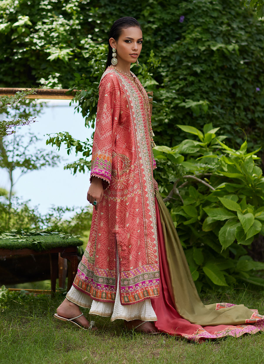 Farah Talib Aziz | Mayna Festive Prints 24 | Bazif Burnt Orange Shirt And Dupatta - House Of Hania