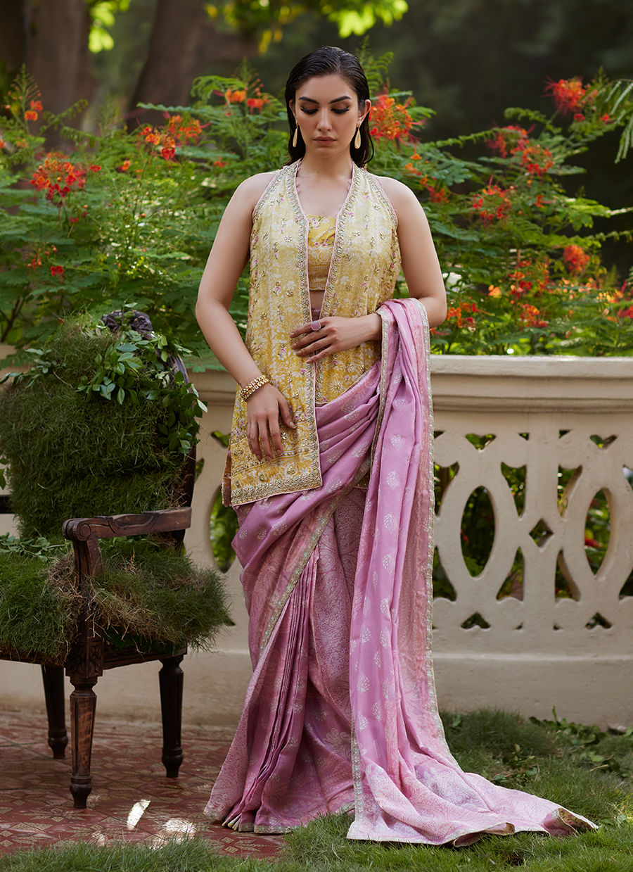 Farah Talib Aziz | Mayna Festive Prints 24 | Iqala Saree, Blouse And Jacket - House Of Hania