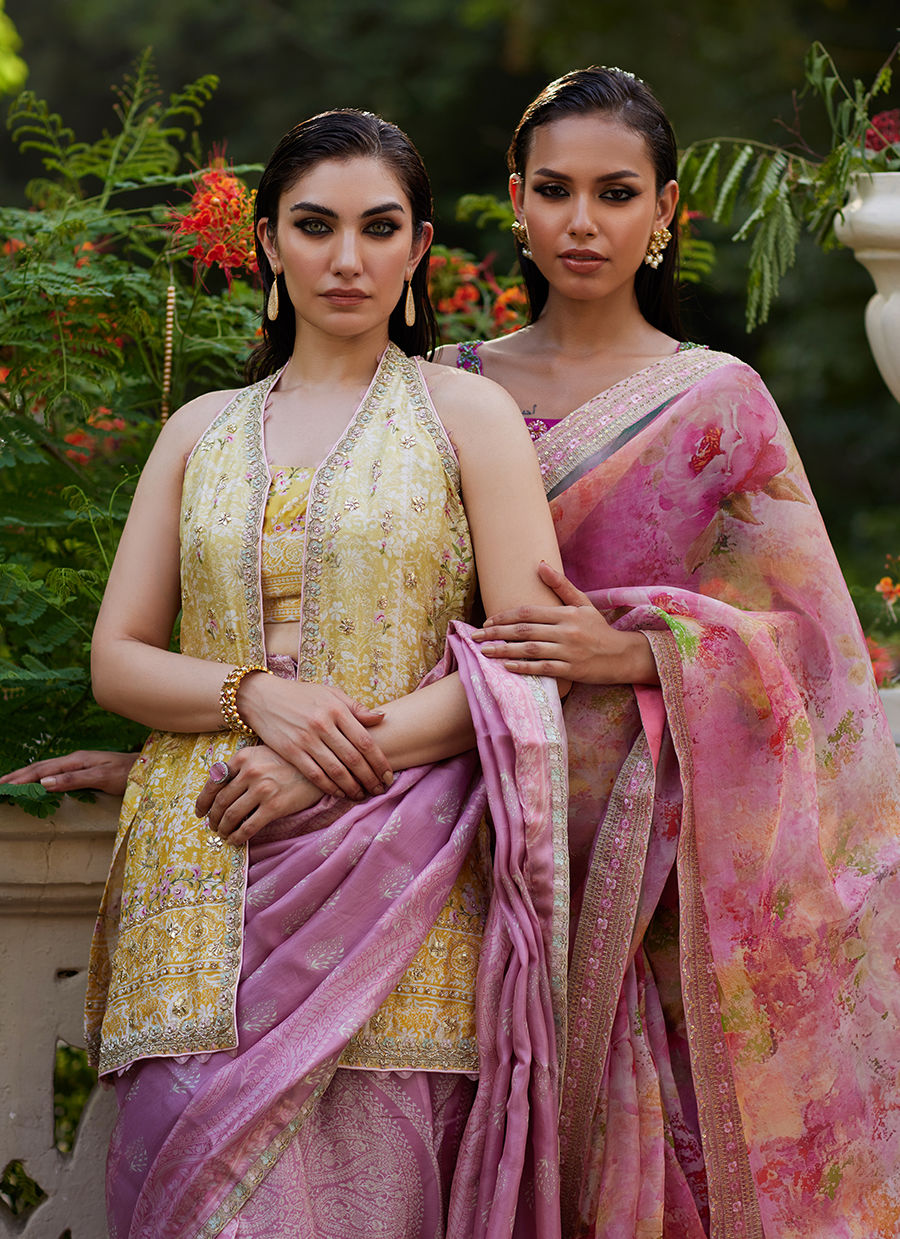 Farah Talib Aziz | Mayna Festive Prints 24 | Iqala Saree, Blouse And Jacket - House Of Hania