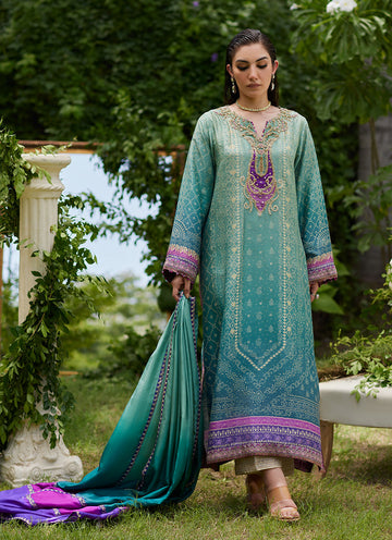 Farah Talib Aziz | Mayna Festive Prints 24 | Leisha Teal Ombre Shirt And Dupatta - House Of Hania