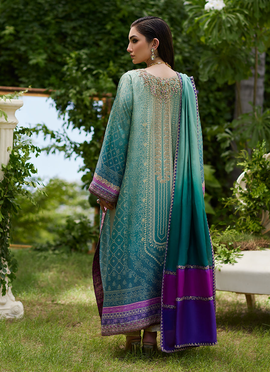 Farah Talib Aziz | Mayna Festive Prints 24 | Leisha Teal Ombre Shirt And Dupatta - House Of Hania