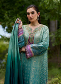 Farah Talib Aziz | Mayna Festive Prints 24 | Leisha Teal Ombre Shirt And Dupatta - House Of Hania