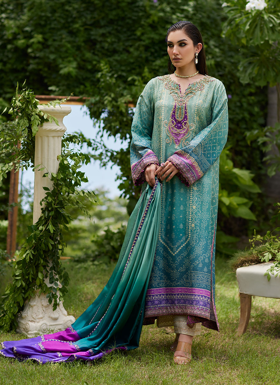 Farah Talib Aziz | Mayna Festive Prints 24 | Leisha Teal Ombre Shirt And Dupatta - House Of Hania