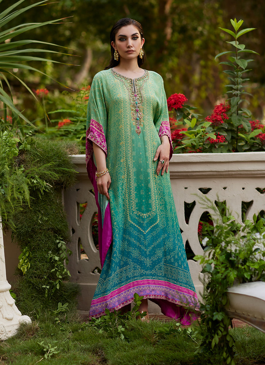 Farah Talib Aziz | Mayna Festive Prints 24 | Persia Teal Ombre Kaftan - House Of Hania