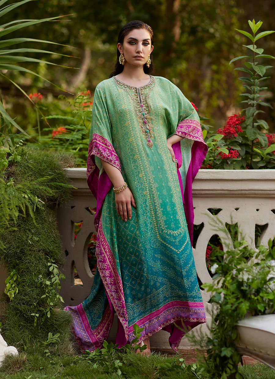 Farah Talib Aziz | Mayna Festive Prints 24 | Persia Teal Ombre Kaftan - House Of Hania