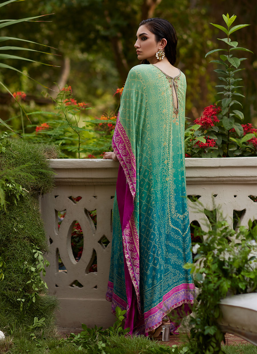 Farah Talib Aziz | Mayna Festive Prints 24 | Persia Teal Ombre Kaftan - House Of Hania