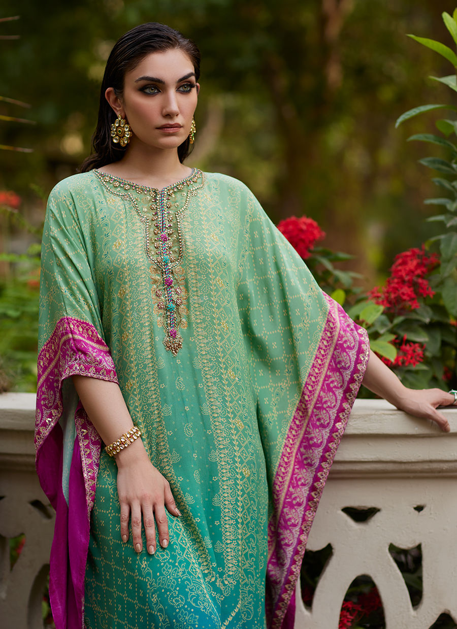 Farah Talib Aziz | Mayna Festive Prints 24 | Persia Teal Ombre Kaftan - House Of Hania