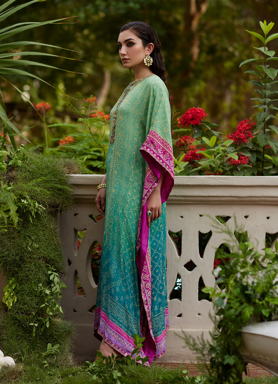 Farah Talib Aziz | Mayna Festive Prints 24 | Persia Teal Ombre Kaftan - House Of Hania