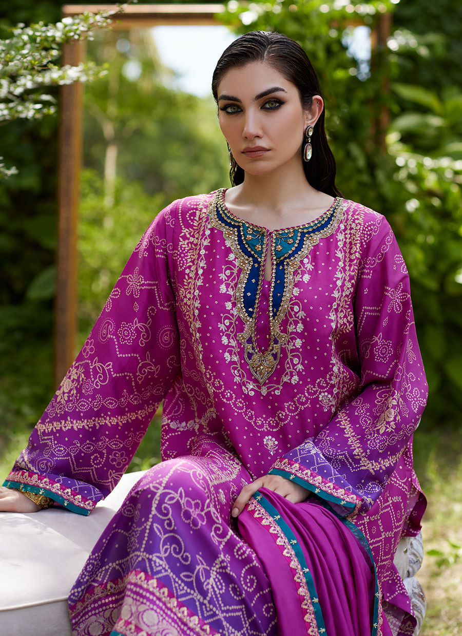 Farah Talib Aziz | Mayna Festive Prints 24 | Tazeen Magenta Ombre Shirt And Dupatta - House Of Hania