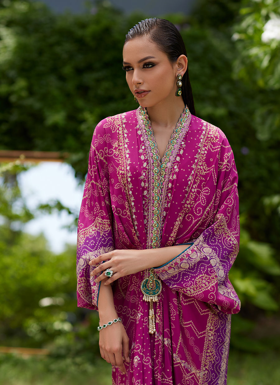 Farah Talib Aziz | Mayna Festive Prints 24 | Zahli Magenta Ombre Kaftan - House Of Hania