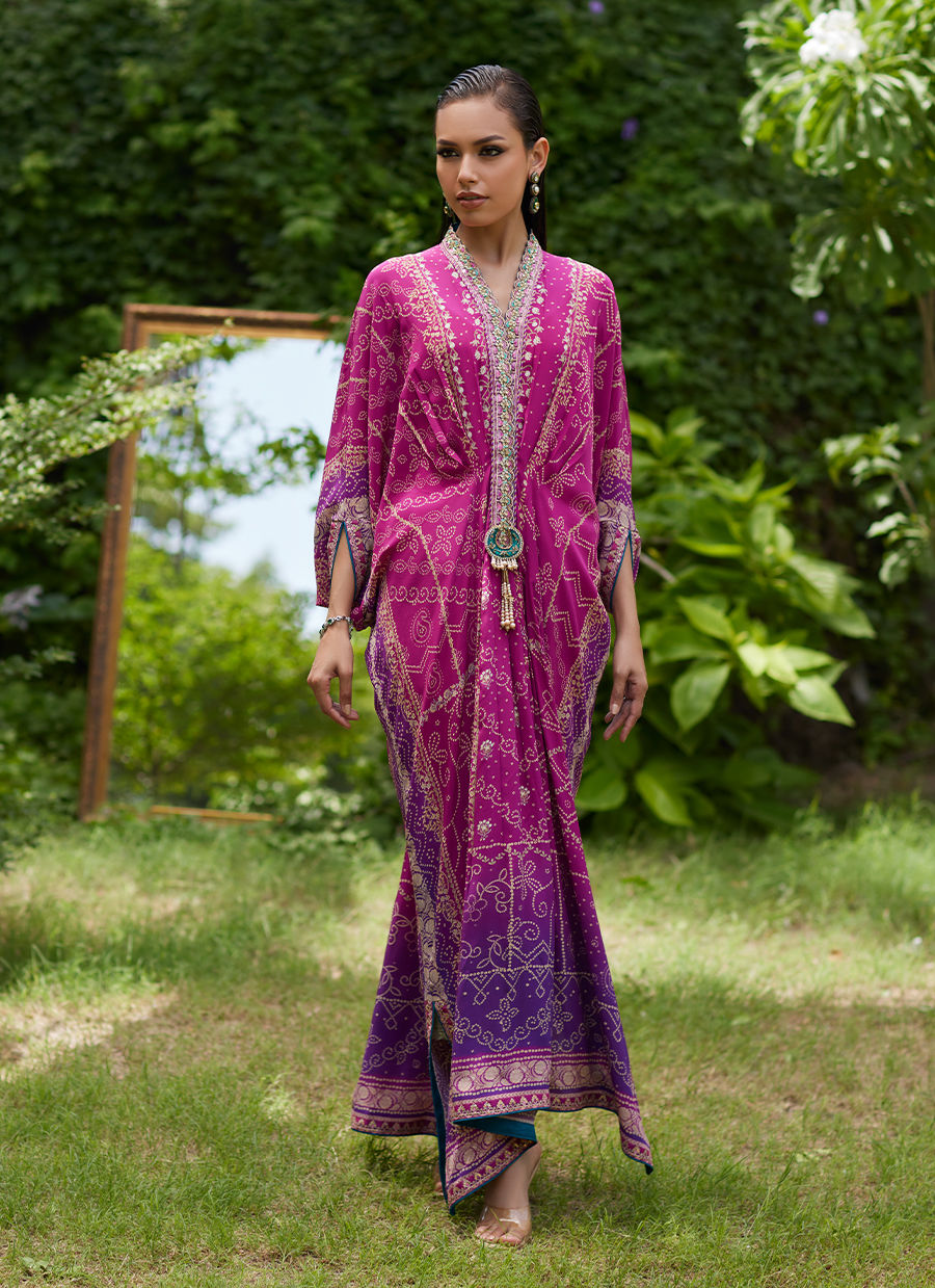 Farah Talib Aziz | Mayna Festive Prints 24 | Zahli Magenta Ombre Kaftan - House Of Hania
