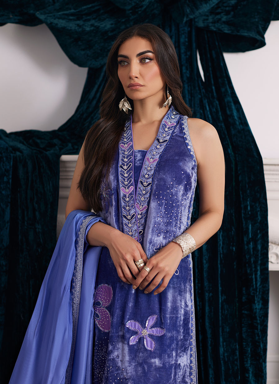 Farah Talib Aziz | Velvets The After Party | ISABEL PERIWINKLE SHIRT AND DUPATTA - House Of Hania