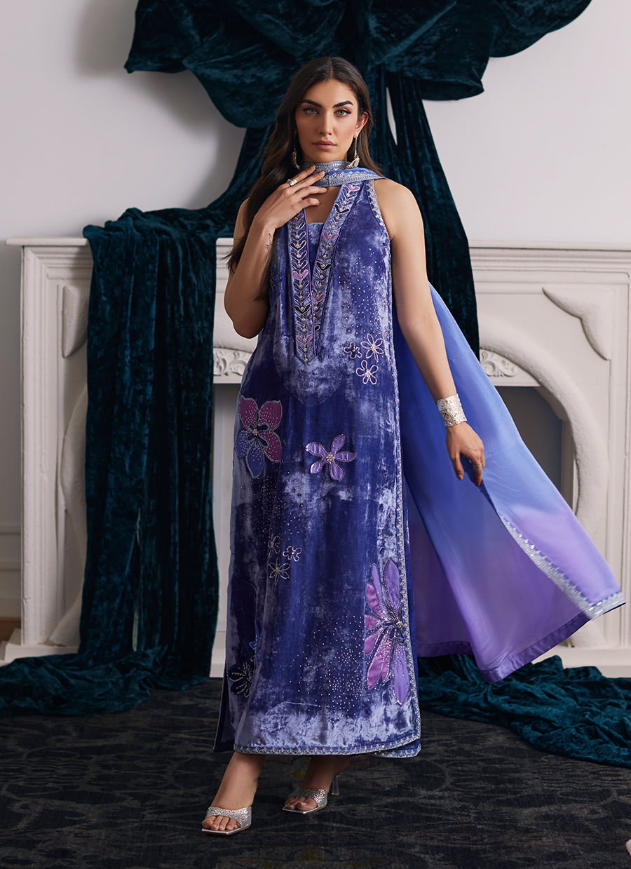 Farah Talib Aziz | Velvets The After Party | ISABEL PERIWINKLE SHIRT AND DUPATTA - House Of Hania