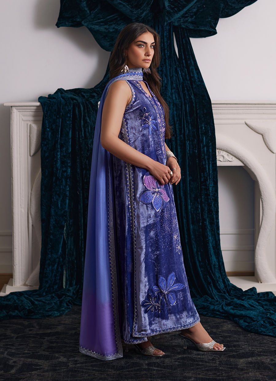 Farah Talib Aziz | Velvets The After Party | ISABEL PERIWINKLE SHIRT AND DUPATTA - House Of Hania