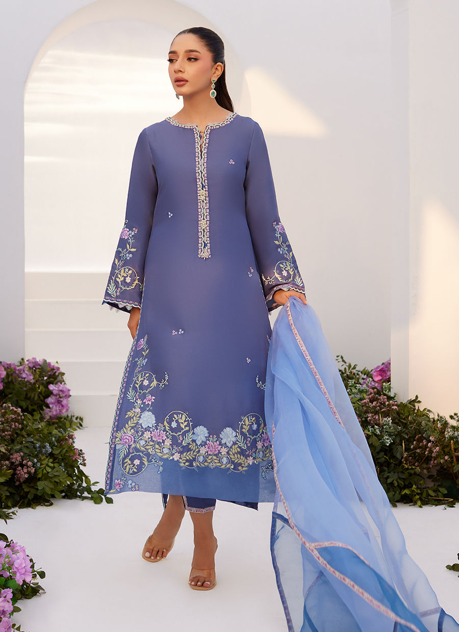 Farah Talib Aziz | Zaza Luxe Pret 24 | ALO BLUE EMBROIDERED SHIRT AND DUPATTA - House Of Hania