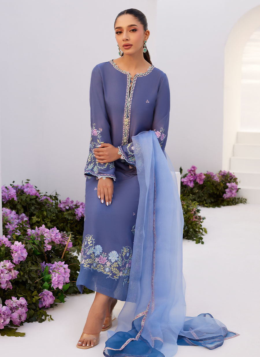 Farah Talib Aziz | Zaza Luxe Pret 24 | ALO BLUE EMBROIDERED SHIRT AND DUPATTA - House Of Hania