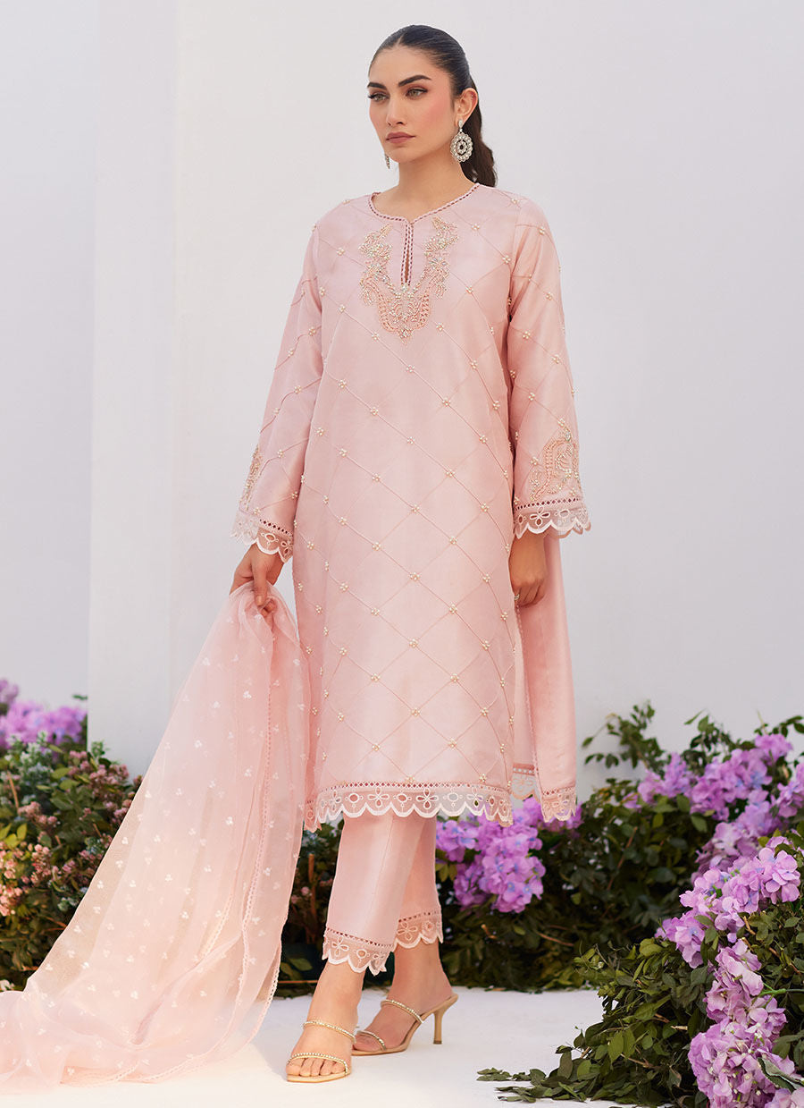 Farah Talib Aziz | Zaza Luxe Pret 24 | BEBE BLUSH PINK EMBELLISHED RAW SILK KURTA SHIRT AND DUPATTA - House Of Hania