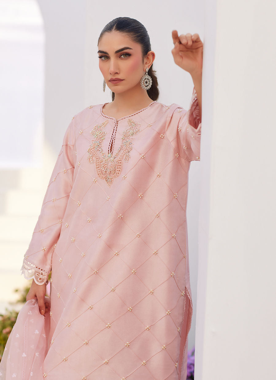 Farah Talib Aziz | Zaza Luxe Pret 24 | BEBE BLUSH PINK EMBELLISHED RAW SILK KURTA SHIRT AND DUPATTA - House Of Hania