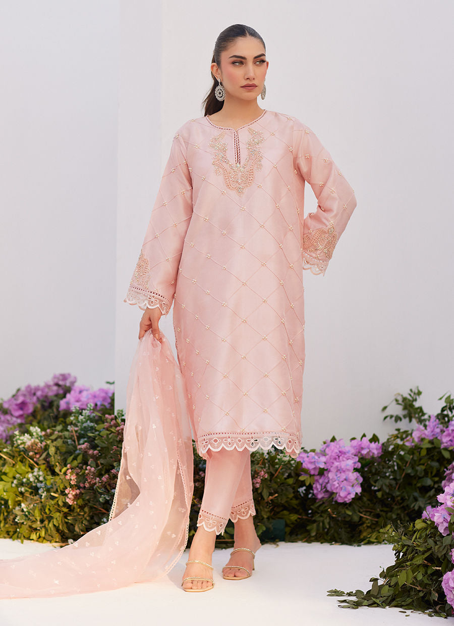 Farah Talib Aziz | Zaza Luxe Pret 24 | BEBE BLUSH PINK EMBELLISHED RAW SILK KURTA SHIRT AND DUPATTA - House Of Hania