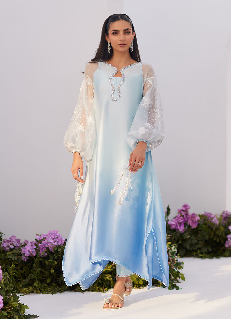 Farah Talib Aziz | Zaza Luxe Pret 24 | BOW OMBRE BLUE EMBELLISHED KAFTAN CUT SHIRT - House Of Hania